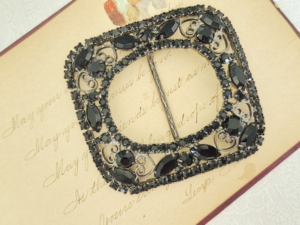 Vintage Juliana D&E Belt Buckle Jet Black Filigree Scroll Heart